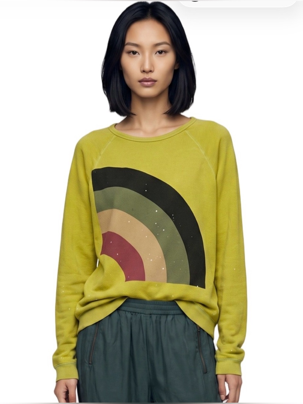 FREECITY Chartreuse Green Yellow Arcing Graphic Longsleeve Crewneck Sweatshirt M